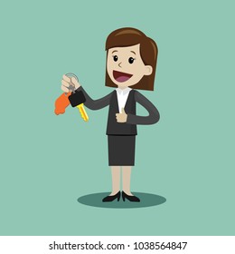 Car sale. Businesswoman or manager is holding a key of a new car. Happy, smile. Business concept cartoon illustration.