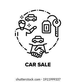 Car Sale And Buy Vector Icon Concept. Car Selling Deal Customer With Dealer In Dealership Office, Happy Client Owner Getting Keys From New Vehicle. Transport Market Black Illustration