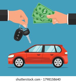 Car sale concept. Dealer giving keys chain to a buyer hand. Customer pays for a car. vector illustration in flat style modern design. isolated on a blue background.