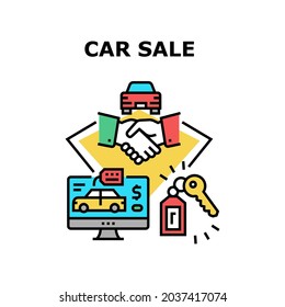 Car Sale Dealership Vector Icon Concept. Customer Choosing Automobile Online On Computer, Buying Vehicle, Handshaking With Agent In Car Sale Dealer And Getting Key Color Illustration