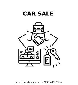 Car Sale Dealership Vector Icon Concept. Customer Choosing Automobile Online On Computer, Buying Vehicle, Handshaking With Agent In Car Sale Dealer And Getting Key Black Illustration