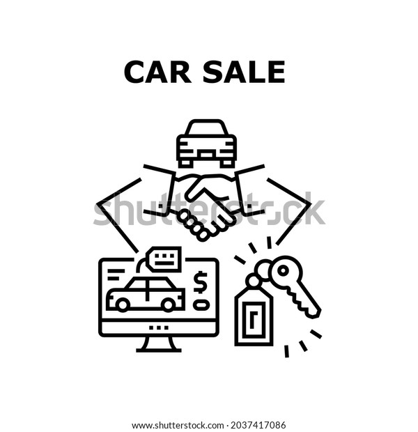 Car Sale\
Dealership Vector Icon Concept. Customer Choosing Automobile Online\
On Computer, Buying Vehicle, Handshaking With Agent In Car Sale\
Dealer And Getting Key Black\
Illustration