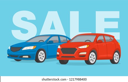 Car sale design template.  Isolated blue sedan and red suv car. Flat vector illustration template.