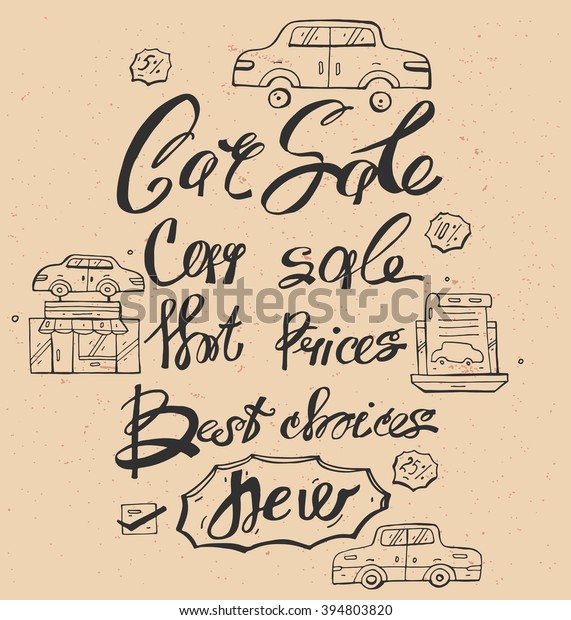 Car sale hand draw vector\
calligraphy Car Sale,Hot Prices,Best choices ,New.Typography,\
design elements for car service and car sale store.Car sale\
icons.Part 1.