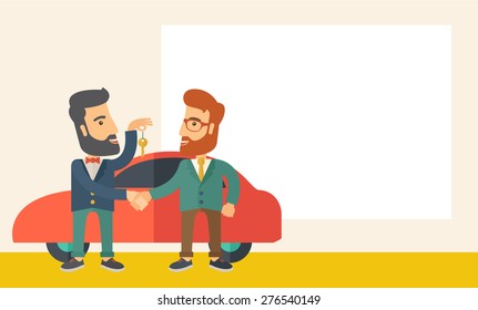 A Car sale handed to other man. A Contemporary style with pastel palette, soft beige tinted background. Vector flat design illustration. Horizontal layout with text space in right side.