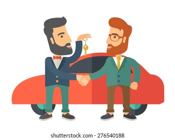 A Car sale handed to other man. A Contemporary style with pastel palette. Vector flat design illustration isolated on white background. 