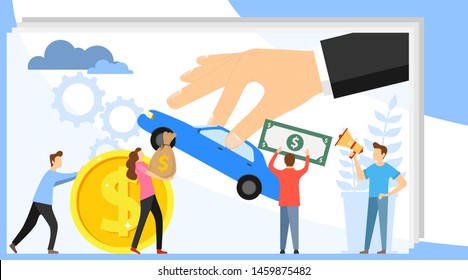 Car sale. Mini people give money for a car. Hand holds a car for sale. Vector illustration of auto sale concept.