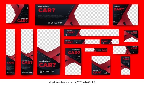 Car Sale promotional Web Banner template design set. horizontal, vertical, square ad banners layout.