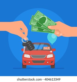 Car sale vector illustration. Customer buying car from dealer concept. Car salesman giving key to new owner. Hand holding car key and money.