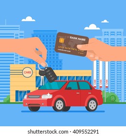 Car sale vector illustration. Customer buying car from dealer concept. Salesman giving key to new owner. Hand holding credit card. Car rental service concept.