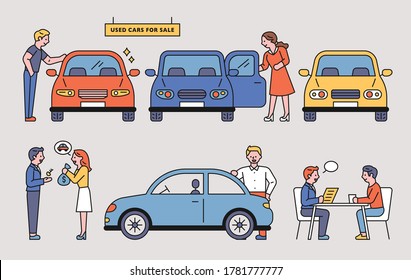 Car sales shop. The customer is consulting a dealer and buying a car. flat design style minimal vector illustration.