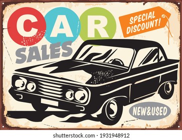 Car sales vintage commercial advertisement on old rusty metal texture. Garage transportation retro sign with black and white car graphic and price tag symbol. Vector auto image.