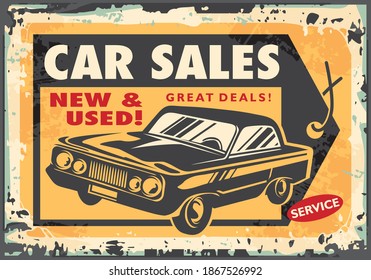 Car Sales Vintage Sign With Price Tag And Classic Automobile. Retro Ad Design For Cars Dealer. Vector Transportation Poster.