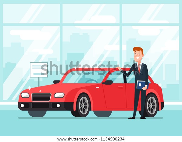 Car salesman in dealer showroom. New cars\
sales, happy seller agent owner shows premium vehicle auto lease in\
showroom dealership service to business buyer rentals cartoon\
concept illustration
