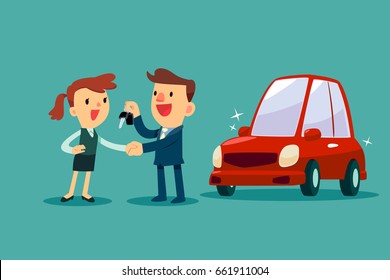 Car salesman give a handshake and new car key to businesswoman. Car sale. Auto business concept.