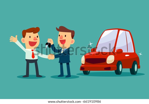 Car salesman give a handshake and\
new car key to businessman. Car sale. Auto business\
concept.