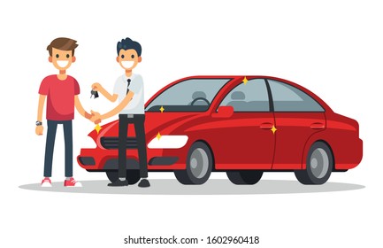 Car salesman give a new car key and handshake to customer. Vector illustration in a flat style.