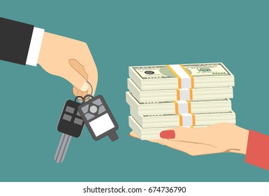 Car salesman giving key to new owner. Hand holding car key and money. vector illustration in flat style