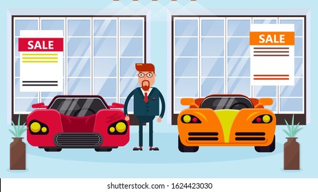 Car salesman manager stands between two different cars for demonstration and sale in showroom vector illustration banner. Automobiles dealership male representative sells cars.