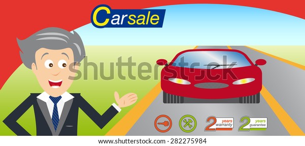 Car salesman offering a sports car. Icons and logo\
vector. Sports car.