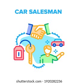 Concepto de icono del vector del vendedor de coches. Vendedor De Automóviles Vendiendo Nuevos Productos De Transporte Y Compra De Clientes, Oferta Exitosa Y Contrato De Firma De Compras. El Comprador Obtendrá La Clave Para La Ilustración De Los Colores Del Vehículo Nuevo
