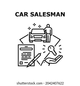 Concepto de icono del vector del vendedor de coches. Vendedor De Coches Mostrando Automóvil Para El Cliente, Firmando Contrato De Venta Y Dando Clave. Vendedor de distribuidores de transporte Vender Motocar Ilustración negra