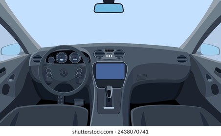 Car salon. View from inside of vehicle. Control panel and windscreen view from front seats. Dashboard and steering wheel in car. Vector illustration in flat style