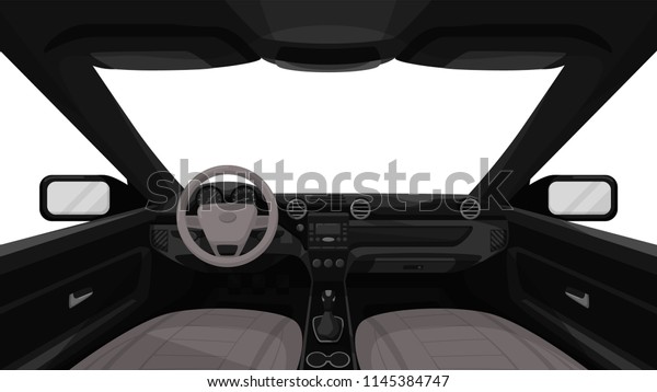 Car salon. View from inside of\
vehicle. Dashboard front panel. Driver view. Simple cartoon design.\
Realistic car interior. Flat style vector\
illustration.