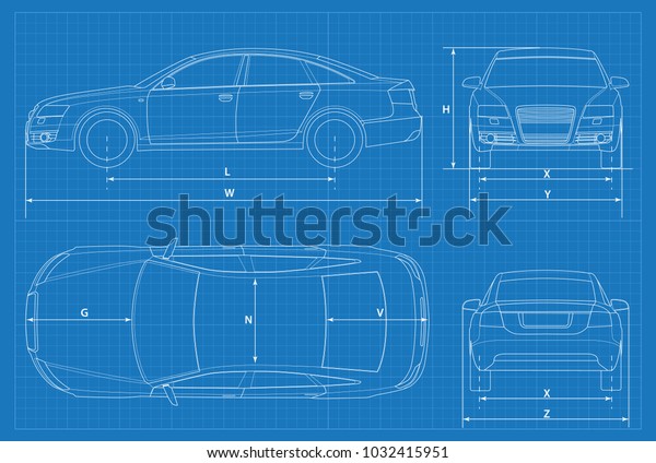 Car schematic or car blueprint. Vector\
illustration. Sedan car in outline. Business sedan vehicle template\
vector. View front, rear, side,\
top