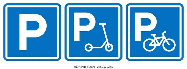 Car, scooter and bike parking sign, road symbol set. Parking public icons street place.