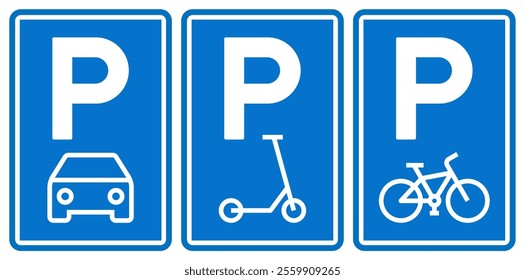 Car, scooter and bike parking sign, road symbol set. Parking public icons street place.