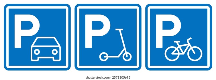 Car, scooter and bike parking sign, road symbol set. Parking public icons street place.