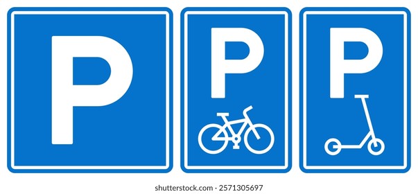 Car, scooter and bike parking sign, road symbol set. Parking public icons street place.