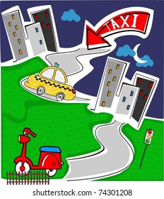 car and scooter in town