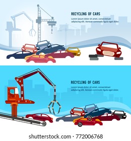 Car scrap metal dump vector. Recycling industrial factory. Industrial crane claw grabbing old car for recycling metal, utilization of cars 