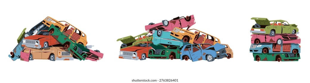 Car scrap piles. Broken, rusty abandoned automobiles composition, junkyard metal garbage, vehicles dump, bodies heaps and stacks, industrial storage nowaday vector cartoon flat style isolated set