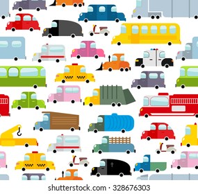 Car seamless pattern. Background of transport in cartoon style. Many small toy cars. Cute transports Texture for baby fabric. School bus and taxi. Tow trucks and garbage truck.