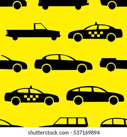 Car seamless pattern. Vector illustration for transport design. Bright vehicle, car, automobile, taxi pattern. Car wallpaper background. Cartoon silhouette shape. Transportation auto pattern