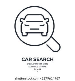 Car search editable stroke outline icon isolated on white background flat vector illustration. Pixel perfect. 64 x 64.