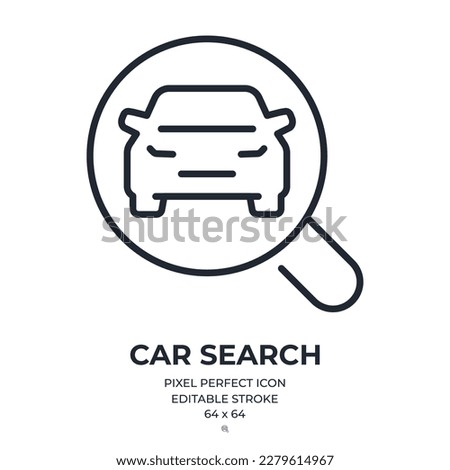 Car search editable stroke outline icon isolated on white background flat vector illustration. Pixel perfect. 64 x 64.