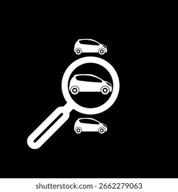 Icono de búsqueda de coche aislado sobre fondo negro
