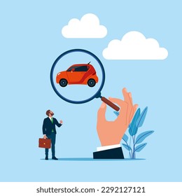 Car search inside of magnifier glass. Looking for transport. Modern vector illustration in flat style. 