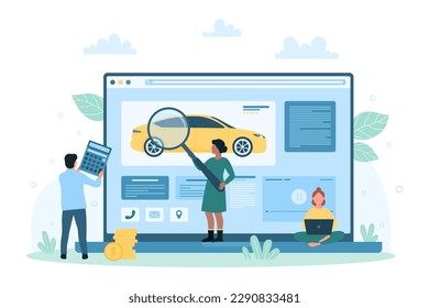 Car search online vector illustration. Cartoon tiny people holding magnifying glass and calculator to find vehicle to buy or rent, customer using rental agency service, inspection of automobile market