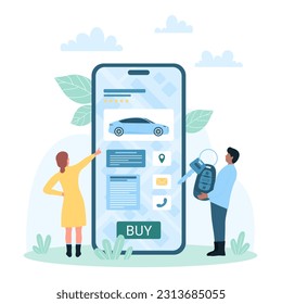 Ilustración vectorial en línea de búsqueda de coches. Personas diminutas de dibujos animados revisan los clasificadores de distribuidores o propietarios de aplicaciones móviles del mercado de automóviles para comprar o alquilar, hombre con llave de vehículo con llave automática