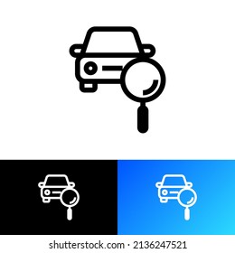 Car search thin line icon. Car sharing service. Car under magnifying glass. Vector illustration.
