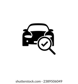 Icono del vector de búsqueda de coches en fondo blanco.