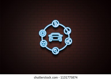 car searching problem icon in Neon style on brick wall on dark brick wall background