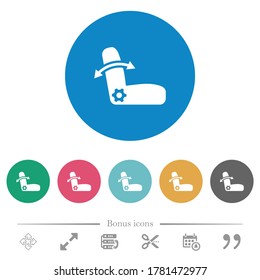 Car seat adjustment flat white icons on round color backgrounds. 6 bonus icons included.