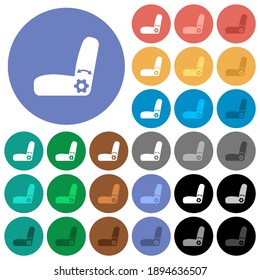 Ajuste del asiento del automóvil iconos planos de varios colores en fondos redondos. Se incluyeron variaciones de iconos blancos, claros y oscuros para efectos de estado activo y de movimiento, y tonos extra.