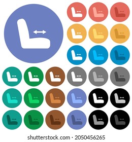 Ajuste del asiento del automóvil iconos planos de varios colores en fondos redondos. Se incluyeron variaciones de iconos blancos, claros y oscuros para efectos de movimiento y estado activo, y tonos extra.